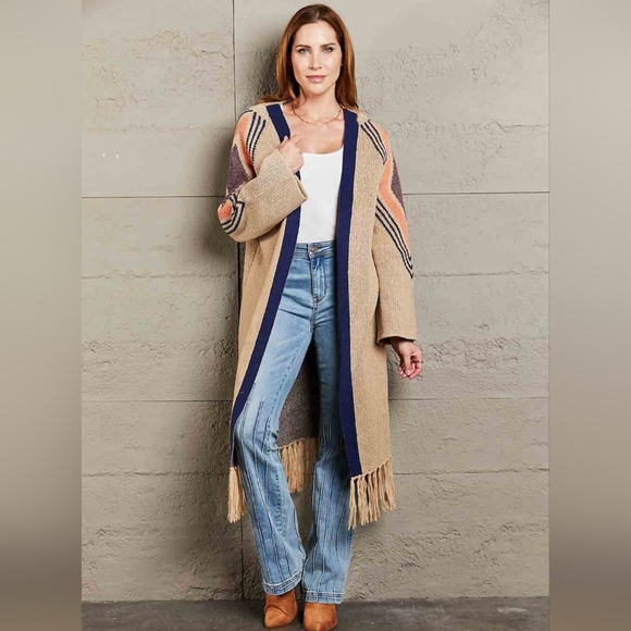 Fringe Retro Geometric Knit Duster Cardigan Sleeve Colorful Open Front Sweater - Picture 13 of 15